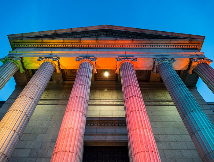 External of Minneapolis Institute of Art with multi colored lighting of the columns